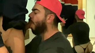 Macho waits for the boy on his knees in a thong, craving that cock.