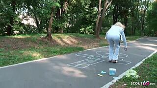 young german teen persuaded to suck cock for money on playground, swallows cum in pov