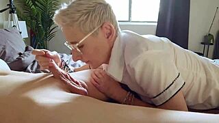 Does this blonde tease with a sensual handjob and facial?