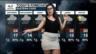 weather girl loses her mind in a solo softcore scene. brunette nerd with glasses explores her tight body