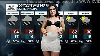 weather girl loses her mind in a solo softcore scene. brunette nerd with glasses explores her tight body