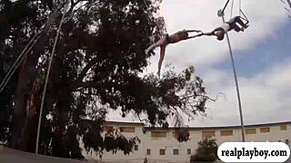 Oh Wow, These Naked Babes Swing Wildly Outdoors with Brunette and Blonde Passion!