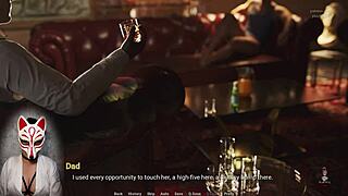 Blonde milf sucks cock in cartoon game, swallows cum on big tits.