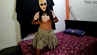 brunette student new to porn climbs bed and dances sexy waiting for boyfriend's halloween sex