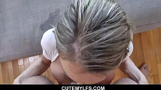 Cougar fingers her big tits and sucks cock.