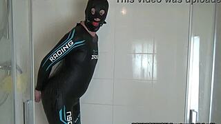 neoprene slave milf angela in the shower, all wet and bound