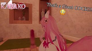cat girl kanako finds a dick and sees if she can fit on that dick, big natural tits jiggling.