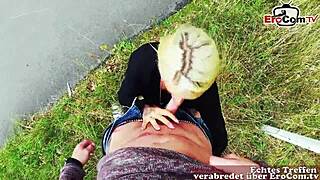 Tattooed german blonde fucks publicly in park during sex date