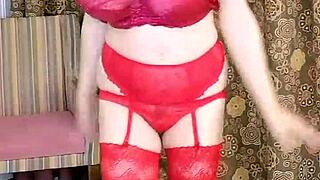 What do you think of this hot busty milf Mariaold in red stockings and high heels?