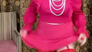 What do you think of this hot busty milf Mariaold in red stockings and high heels?