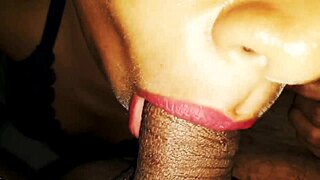 she sucks my dick with sexy red lips until i cum on them