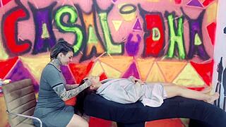 my client comes to eyelash studio, i suck her and husband fucks nymph