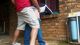 came home from mcdonalds we were so horny couldnt wait to fuck so fucked in the front yard and ended up eating her massive creampie