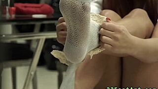 Redheaded Babe Takes Cumshot! Wow, What a Footjob Finish!