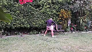 Horny Amateur Sucks and Fucks Mature Babe in Garden