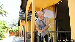 Massaging teen redhead in heels and bikini, leading to blowjob and cumshot, wow!