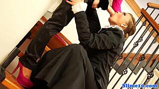 Strapon lesbian sucks femdom for bukkake