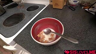 Brunette Theodora Day, Stepsister, Learns To Be Wife Material With Stepbrother's Help In Kitchen, Giving Handjob And Masturbating Cock