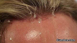 kinky bombshell gets cumshot on face and eats all the jizz in blowbang