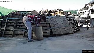 A horny couple enjoys outdoor fucking on a log