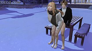 3D game animation on snowy day with public sex and blowjob