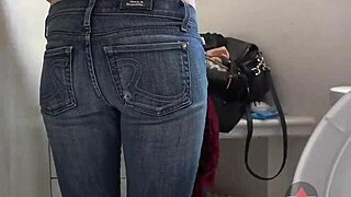 Feeling sexy changing from jeans to skirt in the bathroom