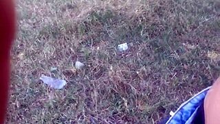 Brunette teen slammed doggystyle in hot outdoor action.