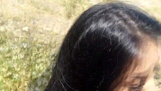 Brunette teen slammed doggystyle in hot outdoor action.