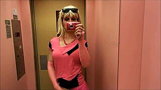 pink elevation leads to shemale masturbation in elevator fetish