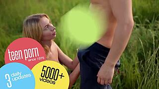 excited teen girls toy their shaved twats outdoors in lesbian fun