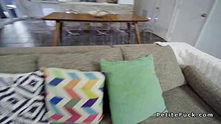 Petite chestnut blows and fucks huge dick with gagging and choking in group teen scene 😏