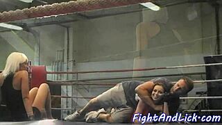 Euro dyke lures wrestling opponent into steamy close-up seduction.