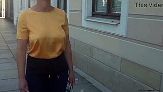 Submissive babe flashes big tits in daring public display