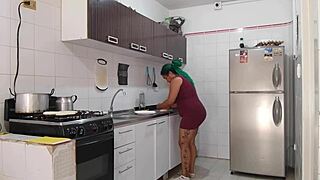 while my stepmother cleans the house, i watch her big butt and touch myself