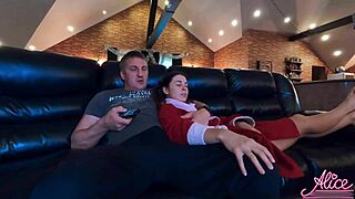 TV viewing climax, curvy girl sucks and rides…