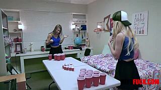 Beer pong turns into rough fucking with tied-up amateurs.
