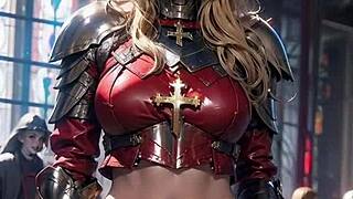 In the church, this anime knight cosplayer flashes her pussy outdoors for exhibitionists