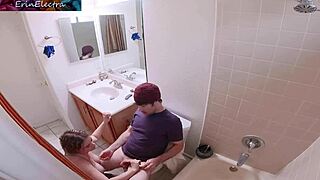 Stepmom masturbating in bathroom lures stepson for steamy cowgirl ride.