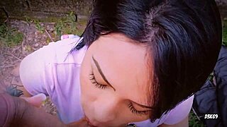 Pornstar half-sister gives ASMR blowjob POV with cumshot in mouth outdoors