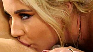 lovely blonde lesbians kayley gunner and savannah bond kiss and lick on massage table