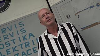 Auto shop owner rewards crew with wild blowjobs and anal action after hours.