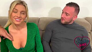 Does Miss Alice use her big tits and sexy body to fuck in this threesome with blondes?