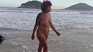Pretty bbw shows off on beach, sucks big cock on rocks