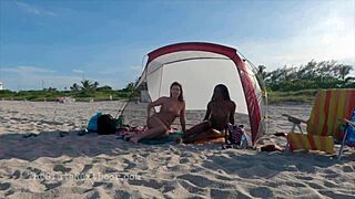 double handjob on public beach with interracial amateurs - so hot! 🔥