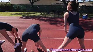 These athletic lesbian teens masturbate and finger in spandex