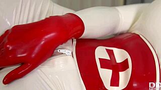 Busty latex Lucy spanks and toys her pussy