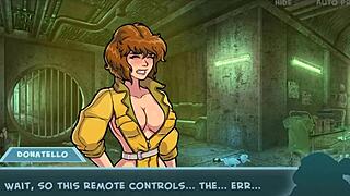 Adult cartoon with April O’Neil and other Teenage Mutant Ninja Turtles characters.