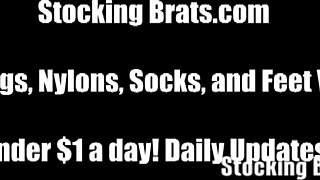 We make you hot in our stockings for femdom lesbian threesome with pantyhose bdsm