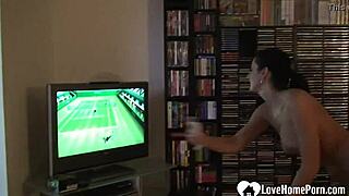 Hot brunette wears socks while fooling around at home.