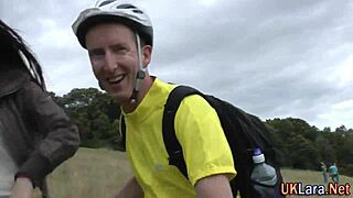 this mature british milf in stockings and shoes gets cum from a monster cock outdoors